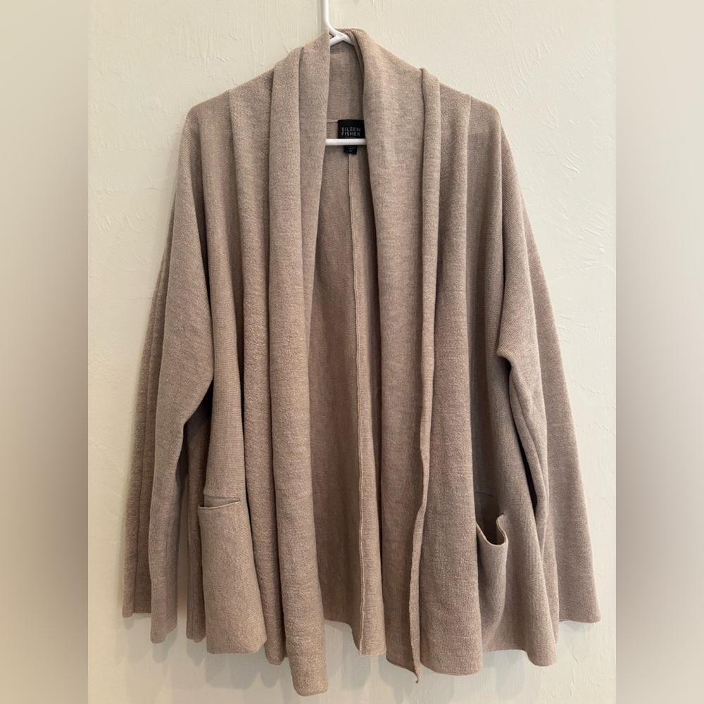 Eileen Fisher Open Front 100% Wool Cardigan Oatmeal 2 Pockets| 2x